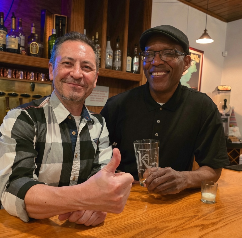 The owners of Ken’z Cuisine smiling at the bar, one giving a thumbs-up, the other holding a Ken’z Cuisine glass